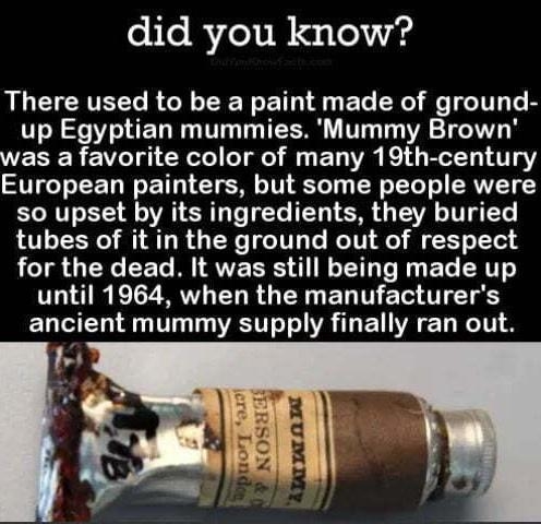 did you know There used to be a paint made of ground up Egyptian mummies Mummy Brown WESERE e gy R oTel T ool iy TV Kol 80 B oTT1 1 VT3 European painters but some people were so upset by its ingredients they buried tubes of it in the ground out of respect for the dead It was still being made up until 1964 when the manufacturers ancient mummy supply finally ran out PHOTE A BHOROS B 0y OUKNOWFACTS C