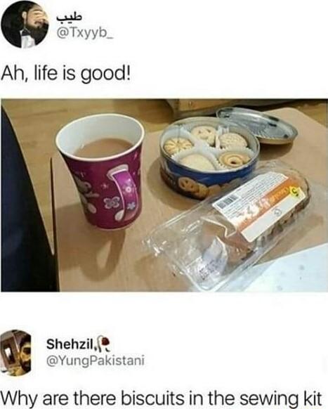 b Txyyb_ Ah life is good Shehzil YungPakistani Why are there biscuits in the sewing kit