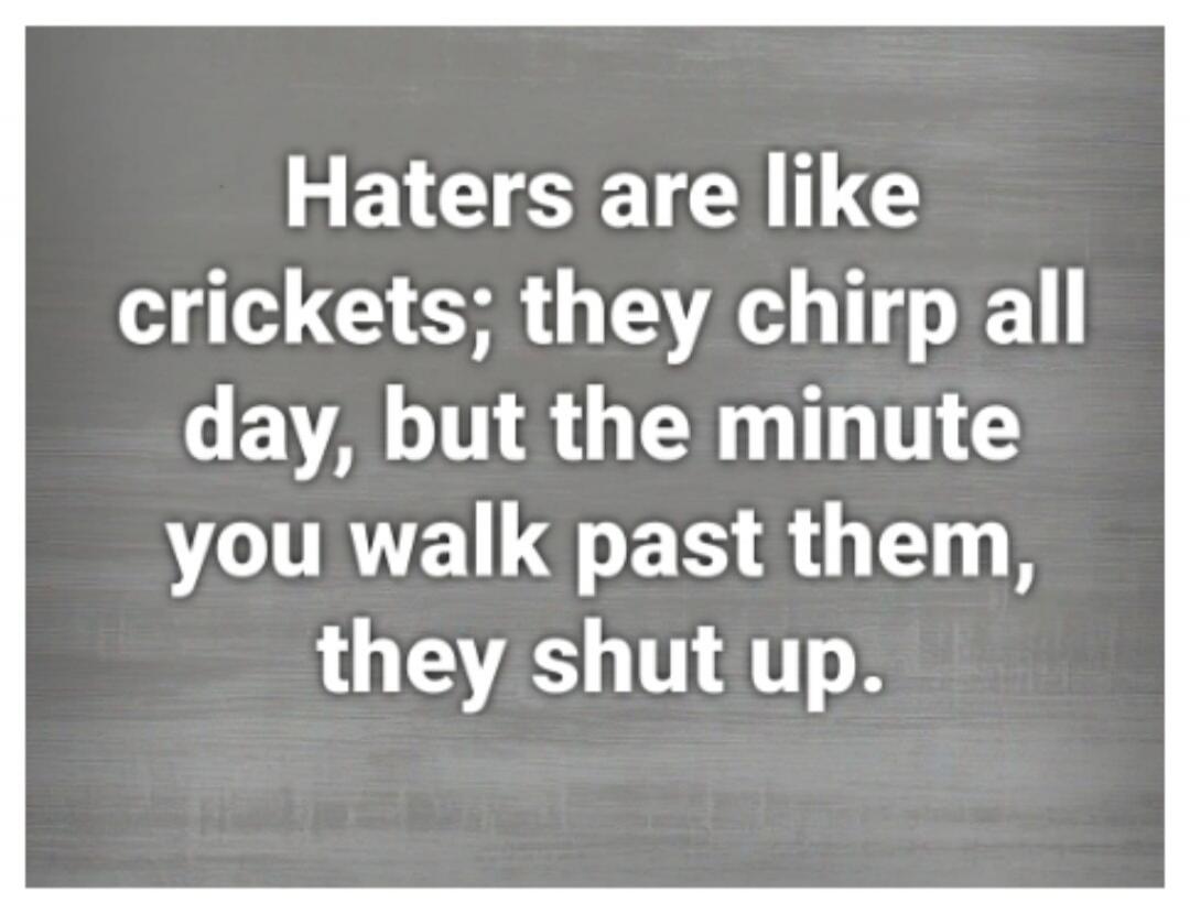 Haters are like crickets; they chirp all day, but the minute you walk past them, they shut up.