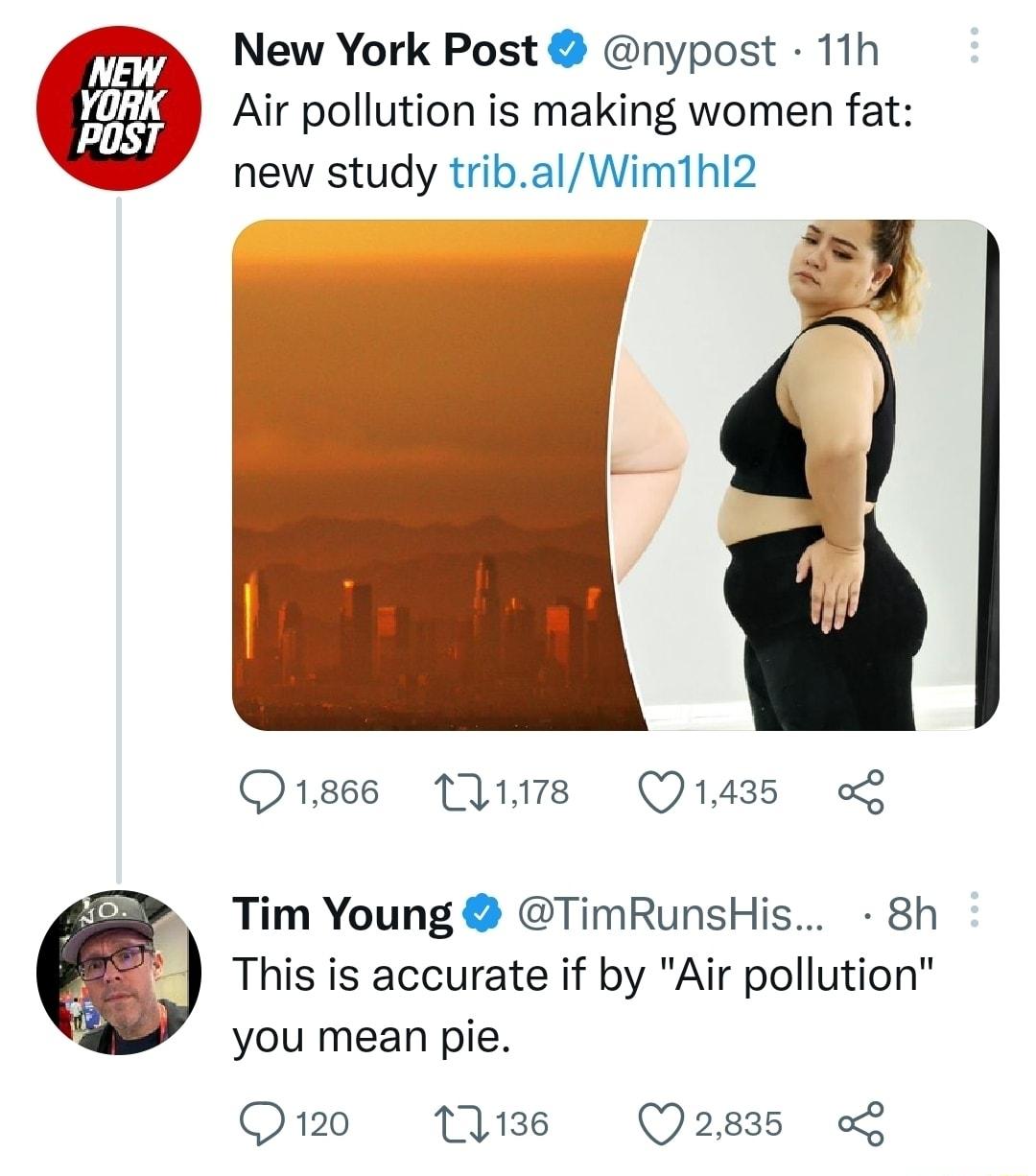 g New York Post nypost 11h 4 Air pollution is making women fat Y new study tribalWimihi2 tr Qe M8 Q1435 Tim Young TimRunsHis 8h This is accurate if by Air pollution you mean pie Q120 136 Q2835