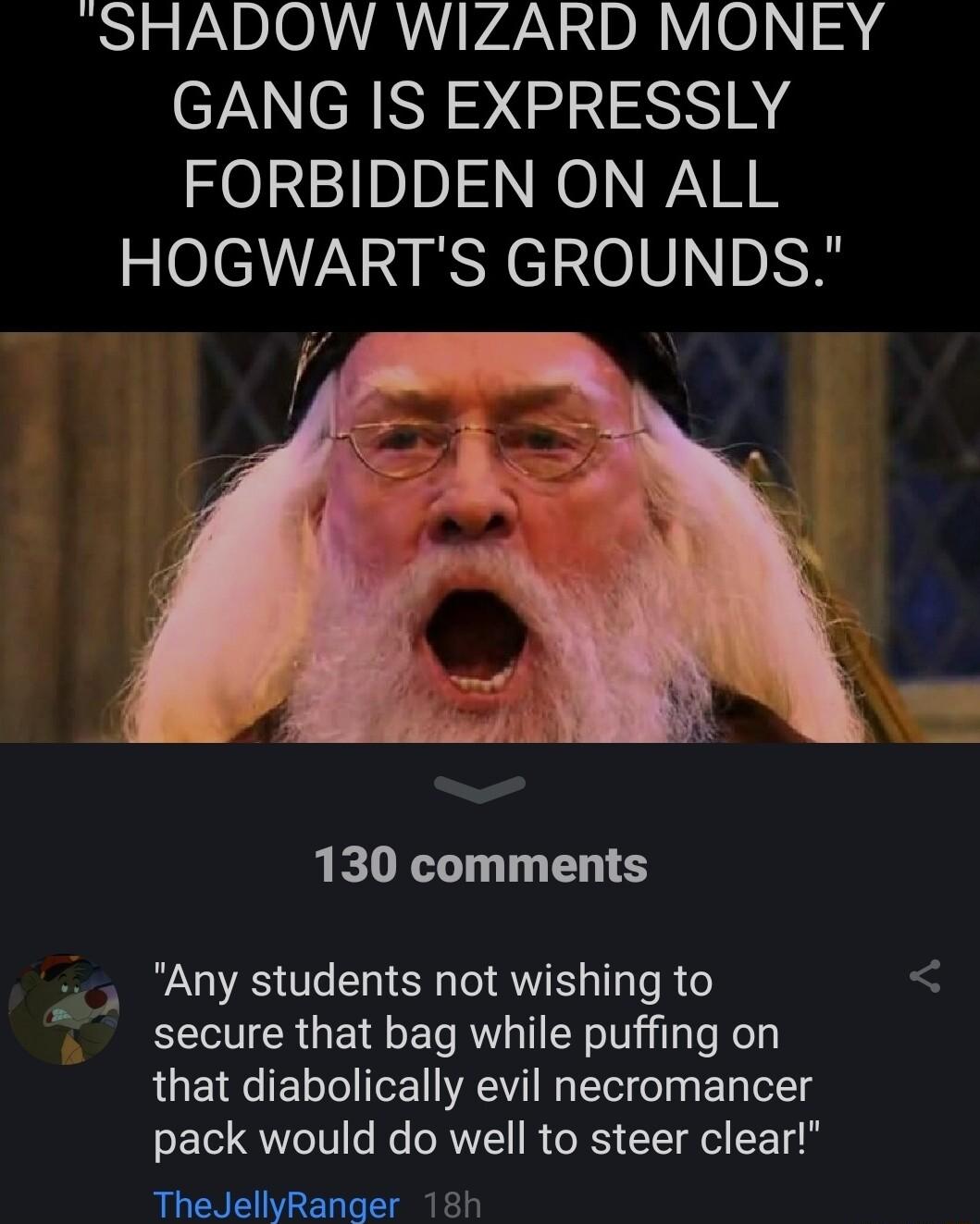 SHADOW WIZARD MONEY GANG IS EXPRESSLY FORBIDDEN ON ALL HOGWARTS GROUNDS 130 comments e Any students not wishing to secure that bag while puffing on that diabolically evil necromancer pack would do well to steer clear TheJellyRanger 18h