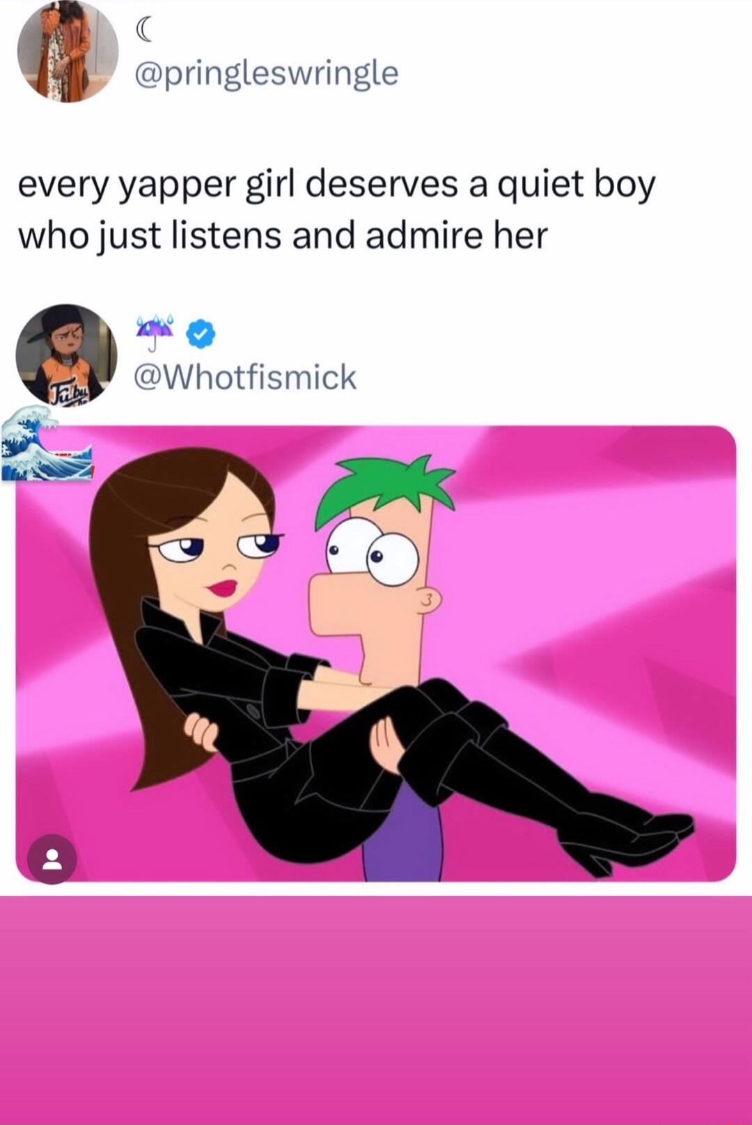 pringleswringle every yapper girl deserves a quiet boy who just listens and admire her xe Whotfismick
