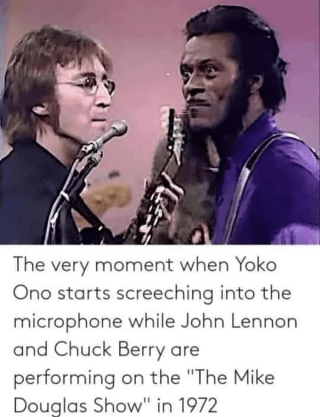 The very moment when Yoko Ono starts screeching into the microphone while John Lennon and Chuck Berry are performing on the The Mike Douglas Show in 1972