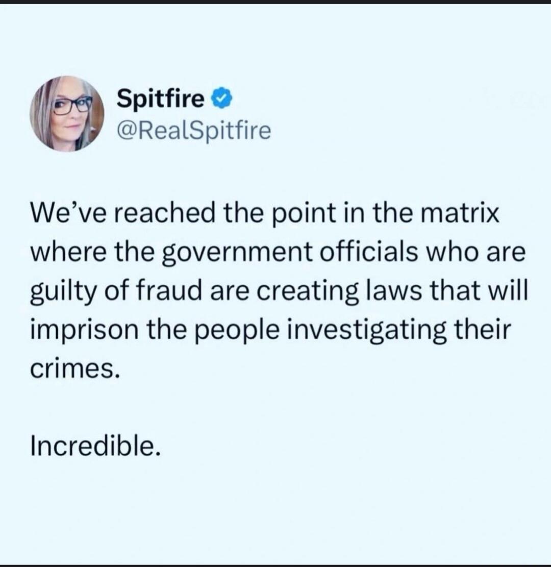 Spitfire @RealSpitfire We've reached the point in the matrix where the government officials who are guilty of fraud are creating laws that will imprison the people investigating their crimes. Incredible.