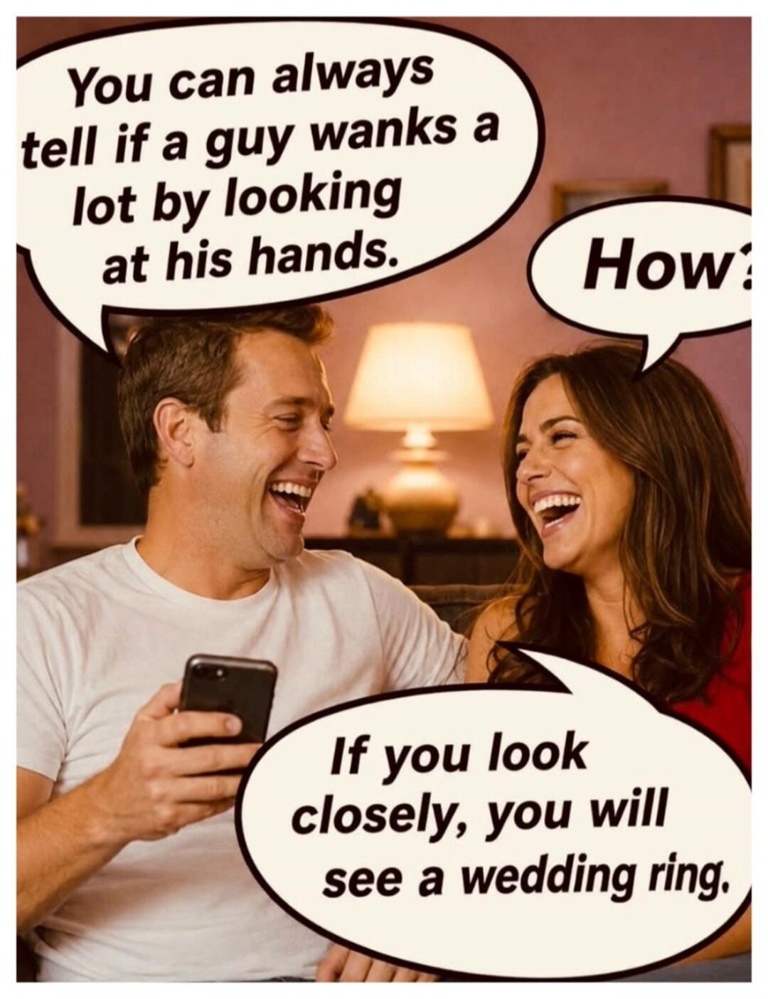 You can always tell if a guy wanks a lot by looking at his hands. How? If you look closely, you will see a wedding ring.