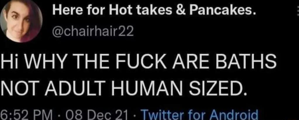 EER T R ENEER A T LETEN chairhair22 Hi WHY THE FUCK ARE BATHS NOT ADULT HUMAN SIZED 652 PM O8 Dec 21 Twitter for Android