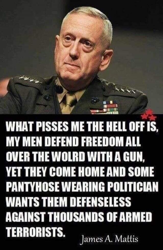 WHAT PISSES ME THE HELL OFF IS, MY MEN DEFEND FREEDOM ALL OVER THE WOLD WITH A GUN, YET THEY COME HOME AND SOME PANTYHOSE WEARING POLITICIAN WANTS THEM DEFENSELESS AGAINST THOUSANDS OF ARMED TERRORISTS. James A. Mattis