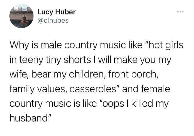 Lucy Huber clhubes Why is male country music like hot girls in teeny tiny shorts will make you my wife bear my children front porch family values casseroles and female country music is like oops killed my husband