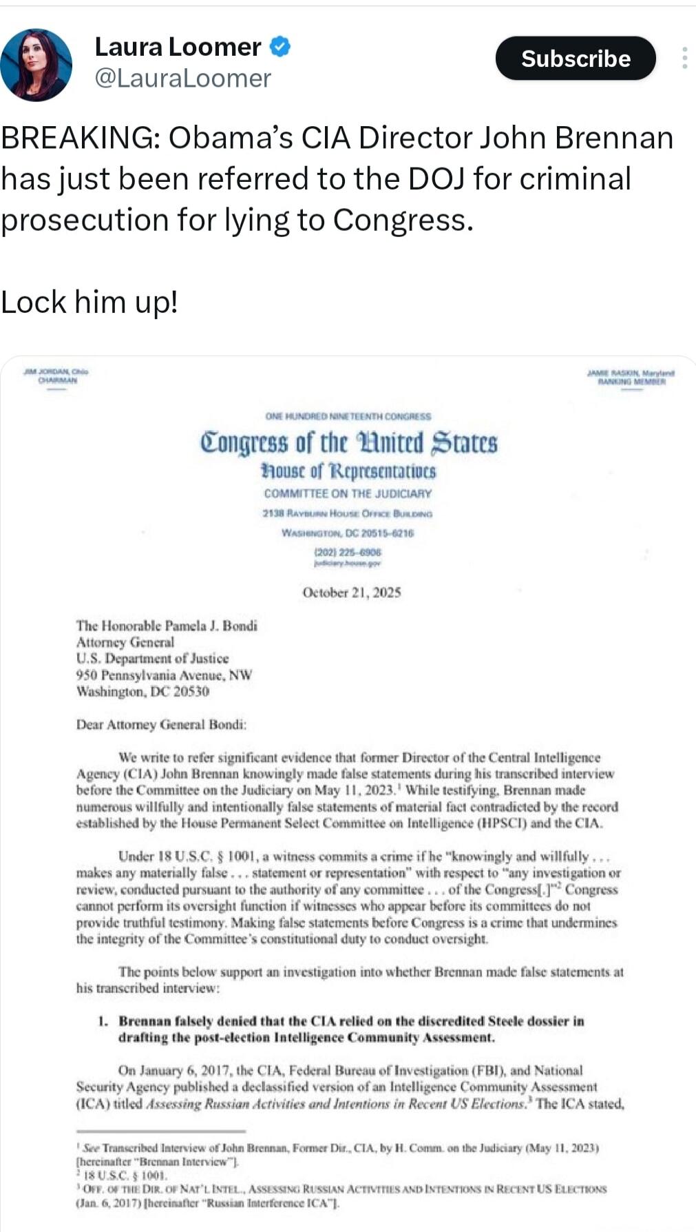 BREAKING: Obama's CIA Director John Brennan has just been referred to the DOJ for criminal prosecution for lying to Congress.

Lock him up!

[Letterhead image: Congress of the United States, House of Representatives, Committee on the Judiciary, Washington, DC 20515. The Honorable Pamela J. Bondi, Attorney General, U.S. Department of Justice, 950 Pe