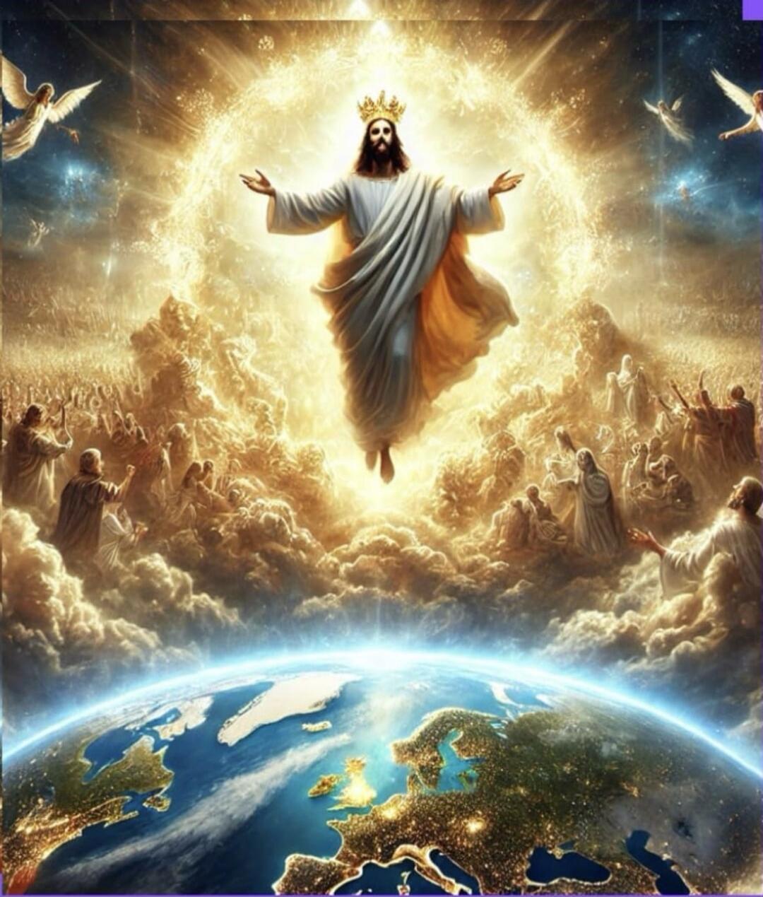 The image depicts a religious scene with Jesus Christ ascending into heaven, surrounded by angels and a multitude of people. The Earth is visible below, suggesting a divine event impacting the world. The overall imagery is grand and awe-inspiring, conveying a sense of divine power and salvation.