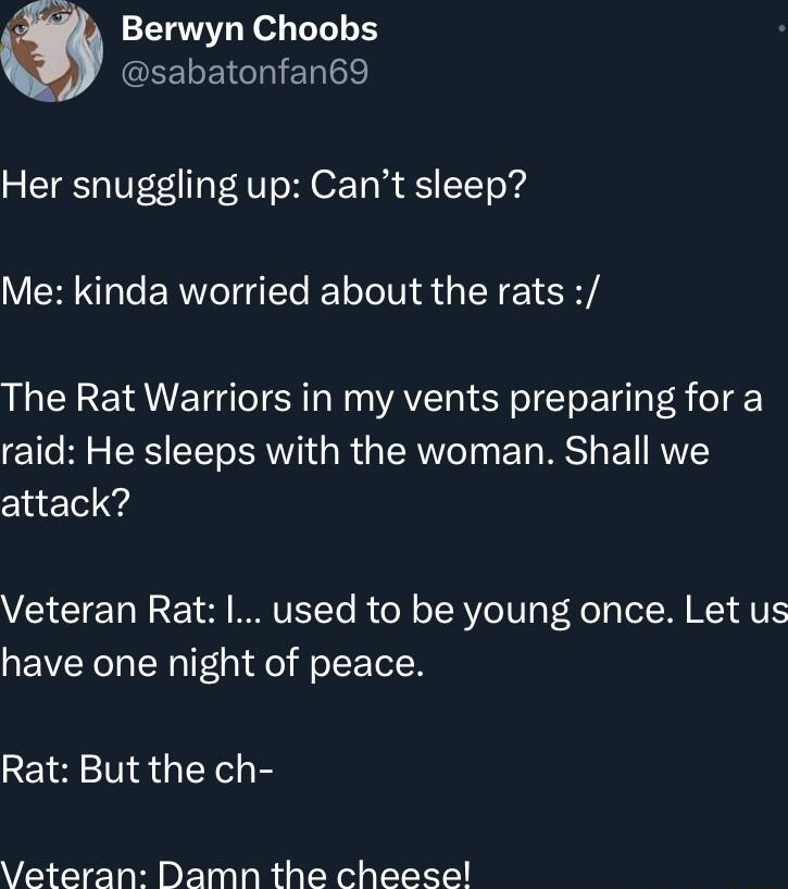 Berwyn Choobs GEELEICIIER Her snuggling up Cant sleep VR RO T TSGR E R The Rat Warriors in my vents preparing for a raid He sleeps with the woman Shall we attack Veteran Rat used to be young once Let us have one night of peace Rat But the ch Veteran Damn the cheese