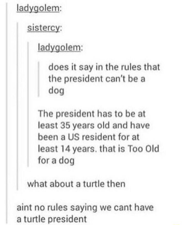 does it say in the rules that the president cant be a dog The president has to be at least 35 years old and have been a US resident for at least 14 years that is Too Old foradog what about a turtle then aint no rules saying we cant have a turtle president