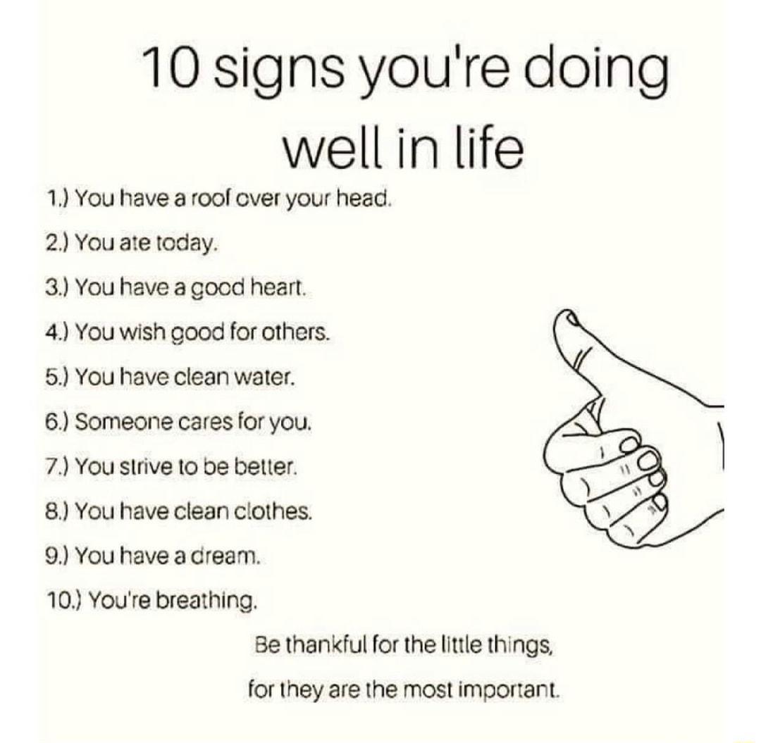 10 signs youre doing wellin life 1 You have a roof cver your head 2 3 4 5 You have clean water 6 7 8 You have clean clothes 9 You ate today You have a gocd heart You wish good for others Someone cares for you You slrive 1o be better You have a dream 10 Youre breathing Be thankful for the little things for they are the most important