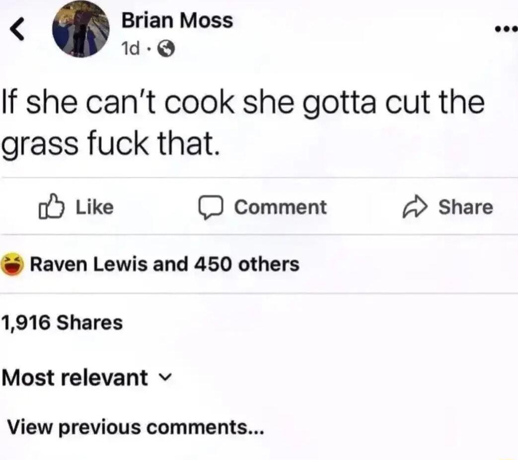Brian Moss o d Q If she cant cook she gotta cut the grass fuck that o Like D Comment Share Raven Lewis and 450 others 1916 Shares Most relevant v View previous comments