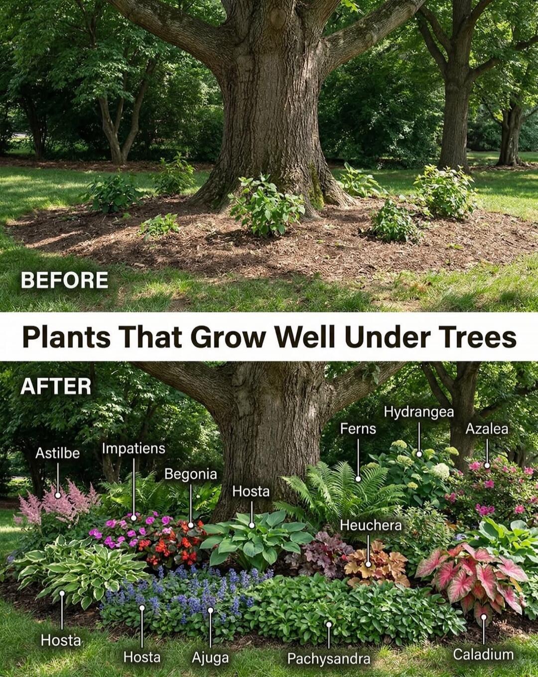BEFORE Plants That Grow Well Under Trees AFTER Astilbe Impatiens Begonia Hosta Ferns Heuchera Hydrangea Azalea Hosta Hosta Ajuga Pachysandra Caladium
