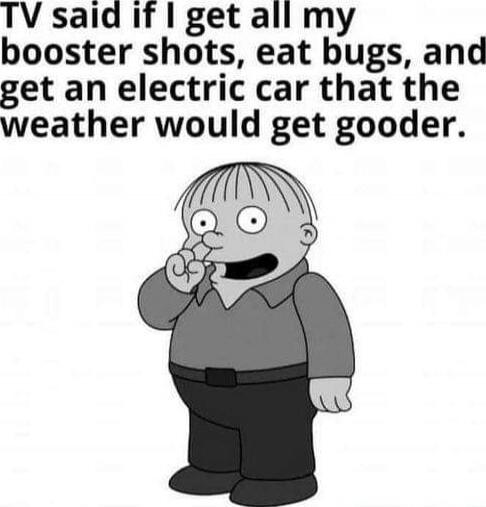 TV said if I get all my booster shots, eat bugs, and get an electric car that the weather would get gooder.
