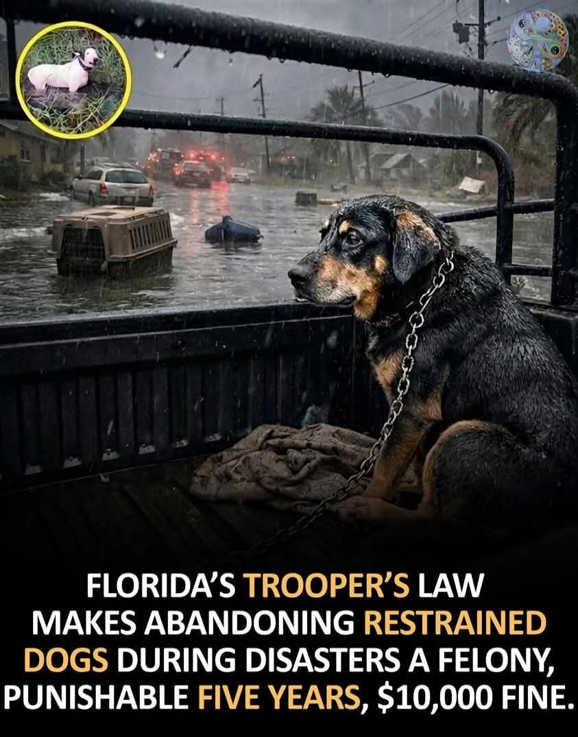 FLORIDA'S TROOPER'S LAW MAKES ABANDONING RESTRAINED DOGS DURING DISASTERS A FELONY, PUNISHABLE FIVE YEARS, $10,000 FINE.