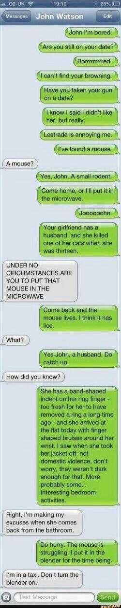 Are you still on your dntal Borrm mm 1 cant find your browning l Hmyontakenymgun on a date L 1 know said didnt like her but really 8 Lestrade is annoying me Ive found a mouse 4 Amouse Yas John A small rodent Cufnahonourllputntln the microwave Joooooohn Your girlfriend has a husband and she killed one of her cats when she was thirteen 1 UNDER NO CIRCUMSTANCES ARE YOU TO PUT THAT MOUSE IN THE MICROW