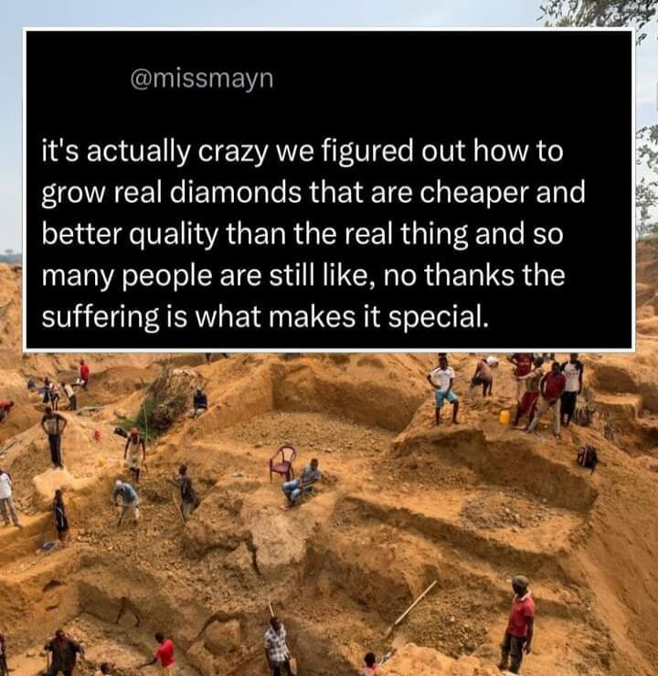 QESHEV its actually crazy we figured out how to grow real diamonds that are cheaper and better quality than the real thing and so many people are still like no thanks the suffering is what makes it special
