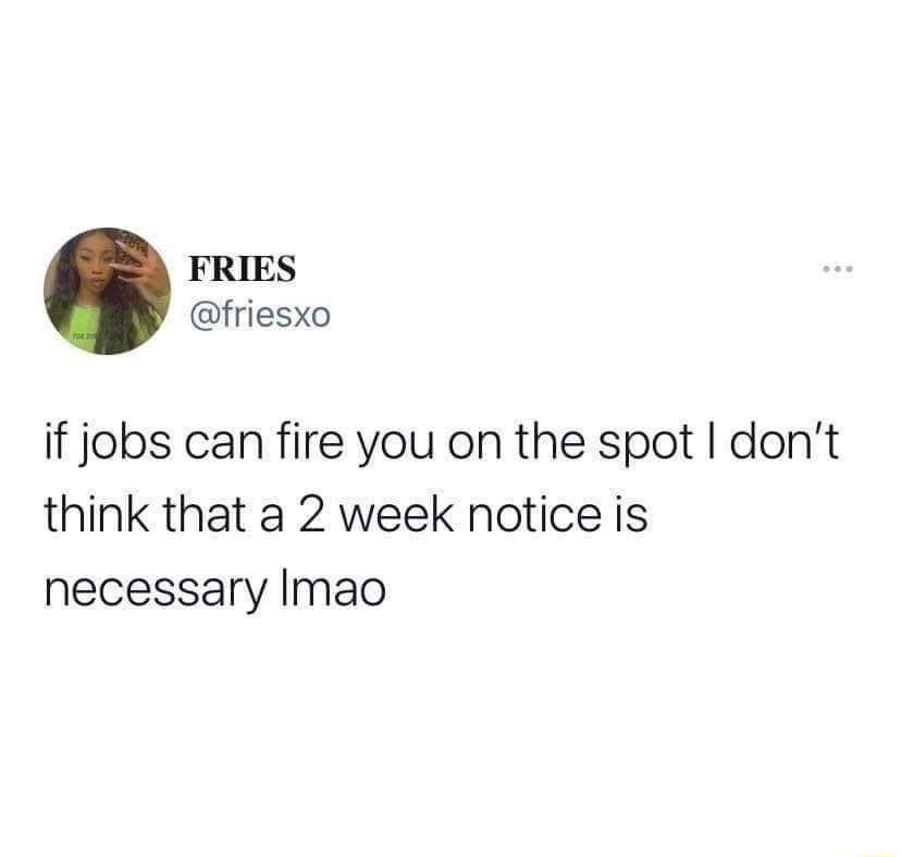 FRIES friesxo if jobs can fire you on the spot dont think that a 2 week notice is necessary Imao