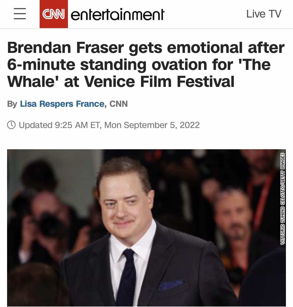 entertainment Brendan Fraser gets emotional after 6 minute standing ovation for The Whale at Venice Film Festival Z