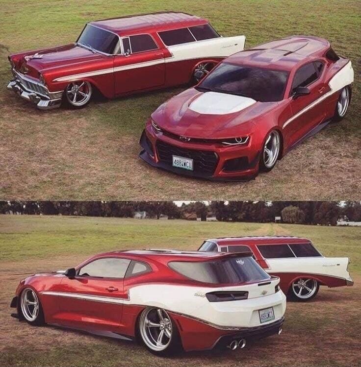 A classic red and white station wagon car, possibly a 1957 Chevrolet Nomad, is parked next to a modern red and white custom car, resembling a Chevrolet Camaro, also modified into a shooting brake or wagon style. Both vehicles feature a distinctive two-tone paint scheme and custom wheels, with the modern car's design clearly inspired by the classic.