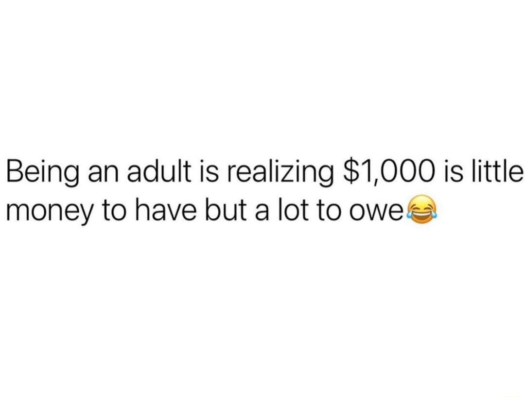 Being an adult is realizing 1000 is little money to have but a lot to owe