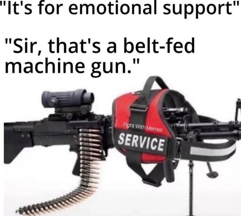 It's for emotional support. Sir, that's a belt-fed machine gun.