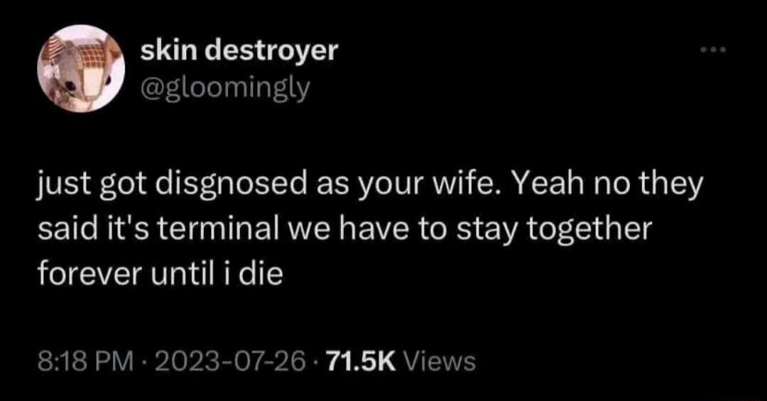 skin destroyer gloomingly just got disgnosed as your wife Yeah no they said its terminal we have to stay together forever until i die 818 PM 2023 07 26 745K Views