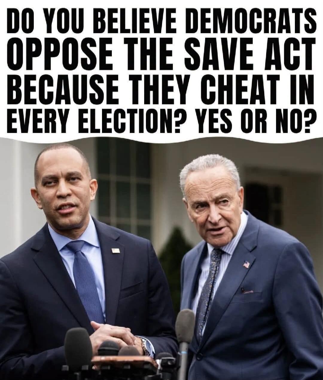 DO YOU BELIEVE DEMOCRATS OPPOSE THE SAVE ACT BECAUSE THEY CHEAT IN EVERY ELECTION? YES OR NO?
