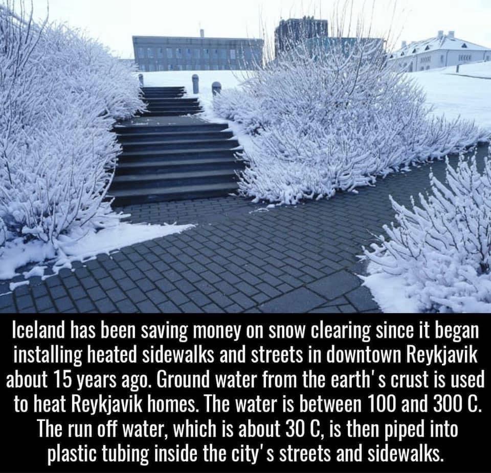 Iceland has been saving money on snow clearing since it began installing heated sidewalks and streets in downtown Reykjavik about 15 years ago Ground water from the earths crust is used to heat Reykjavik homes The water is between 100 and 300 C The run off water which is about 30 G is then piped into plastic tubing inside the citys streets and sidewalks