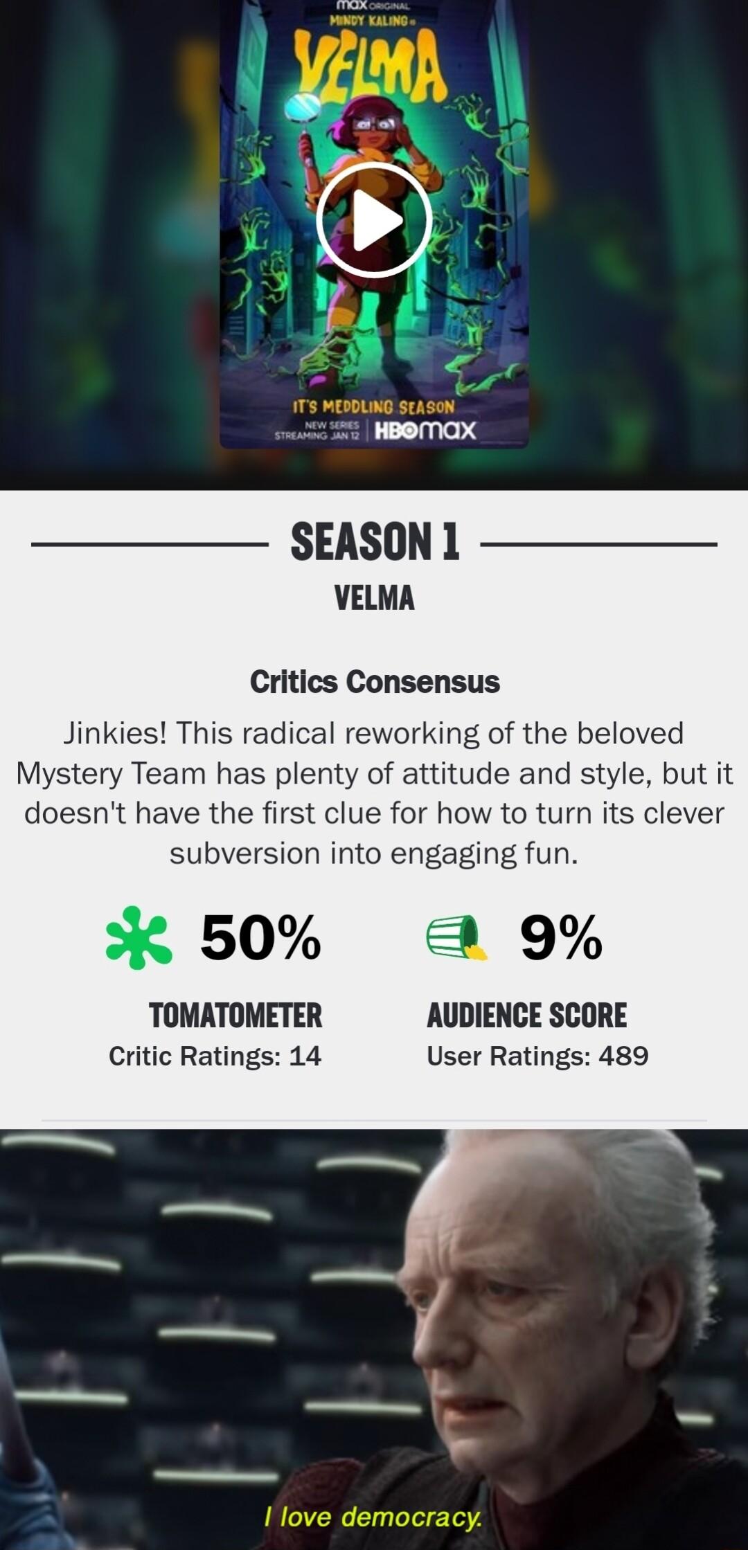 SEASON1 VELMA Critics Consensus Jinkies This radical reworking of the beloved Mystery Team has plenty of attitude and style but it doesnt have the first clue for how to turn its clever subversion into engaging fun K 50 2D 9 TOMATOMETER AUDIENCE SCORE Critic Ratings 14 User Ratings 489
