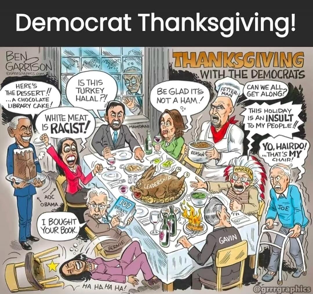 Democrat Thanksgiving! Here's the dessert! a chocolate library cake. Is this turkey halal? White meat is racist! Be glad it's not a ham! Can we all get along? This holiday is an insult to my people! Yo, Hardo! That's my chair! I bought your book. Ha ha ha! Thanksgiving with the Democrats.