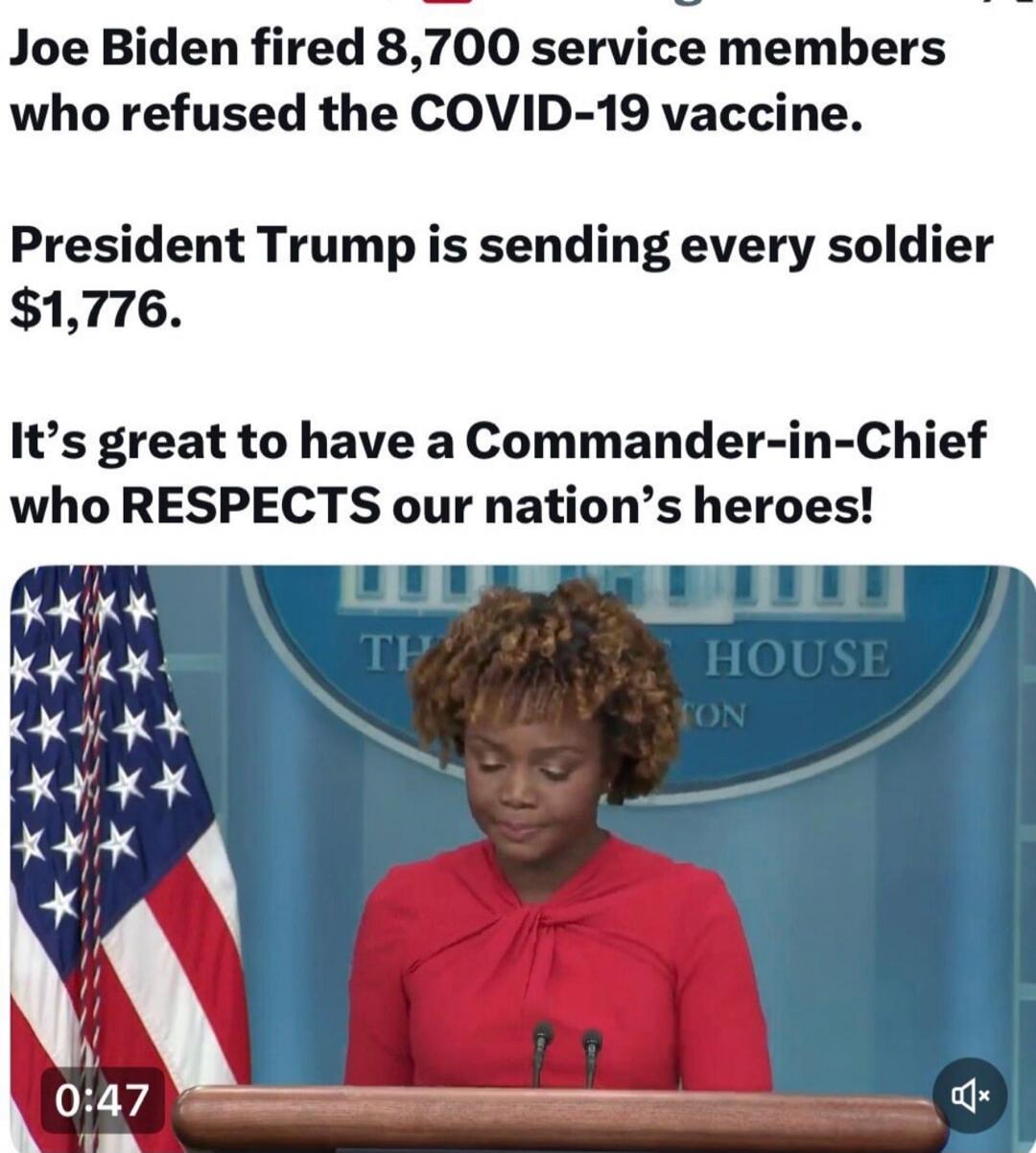 Joe Biden fired 8,700 service members who refused the COVID-19 vaccine. President Trump is sending every soldier $1,776. It’s great to have a Commander-in-Chief who RESPECTS our nation’s heroes!