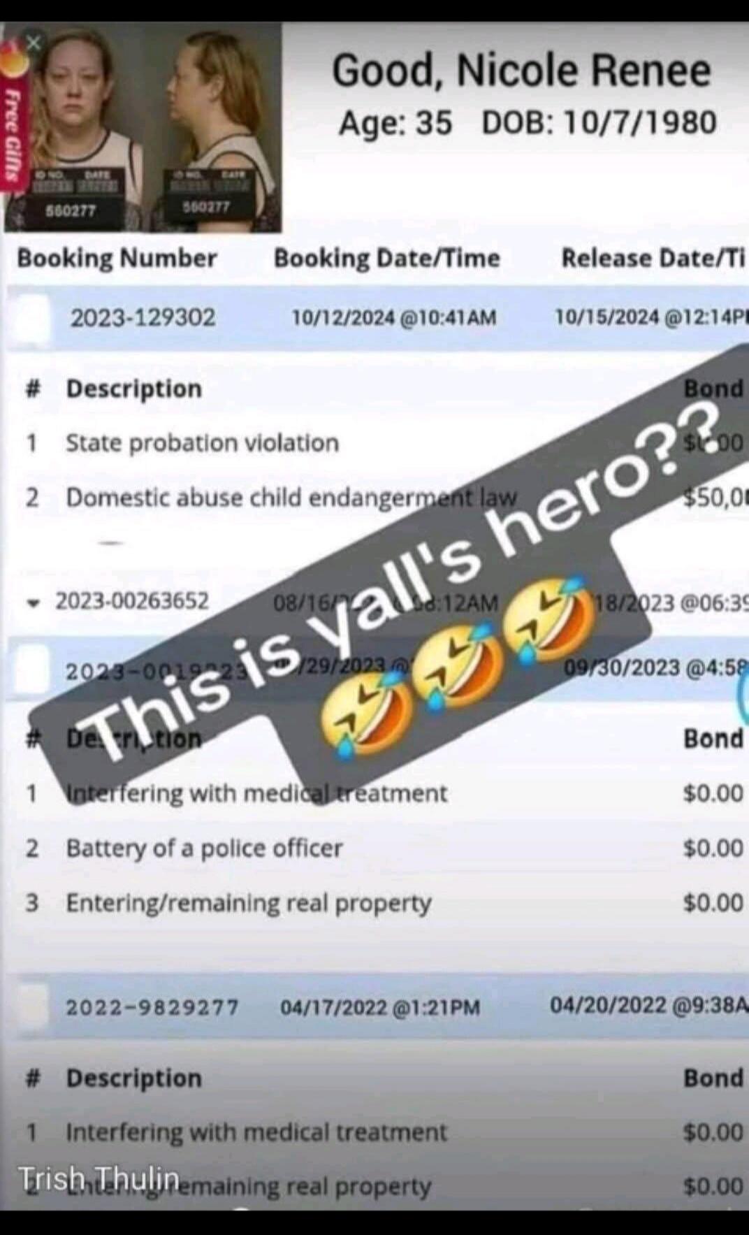 Good, Nicole Renee
Age: 35  DOB: 10/7/1980

Booking Number 2023-129302
Booking Date/Time 10/12/2024 @10:41AM
Release Date/Time 10/15/2024 @12:14PM

# Description
1 State probation violation
2 Domestic abuse child endangerment law

Interfering with medical treatment
Battery of a police officer
Entering/remainin real property