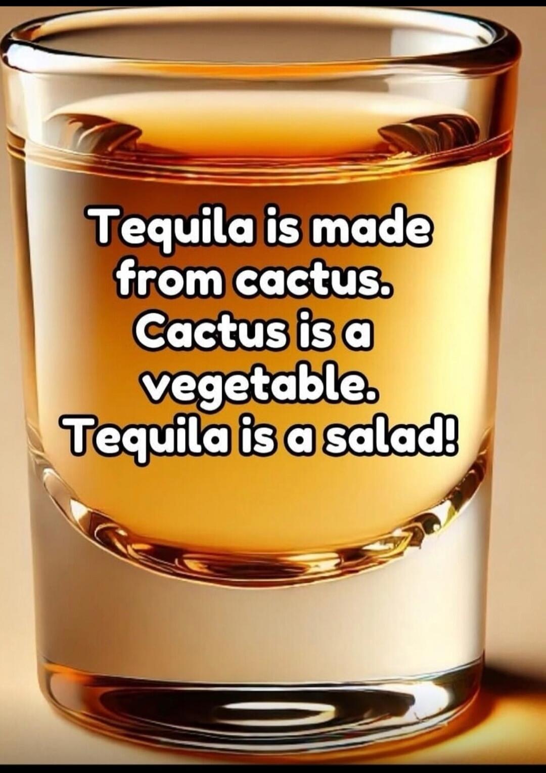 Tequila is made from cactus. Cactus is a vegetable. Tequila is a salad!