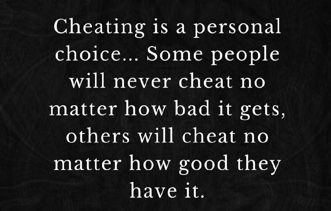 Cheating is a personal choice... Some people will never cheat no matter how bad it gets, others will cheat no matter how good they have it.