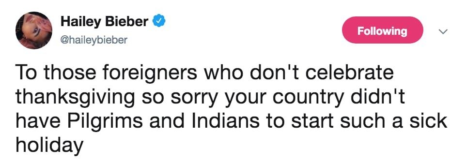 Hailey Bieber To those foreigners who dont celebrate thanksgiving so sorry your country didnt have Pilgrims and Indians to start such a sick holiday 340 PM 28 Nov 2013 R e HPTBOOT O dm TUm Om