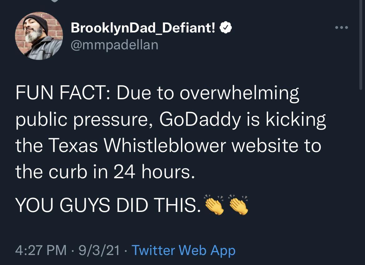 s BrooklynDad_Defiant 417 mmpadellan FUN FACT Due to overwhelming oIeIeR o TCIISIVI TN CTo BETo o WATSH o1 o TS the Texas Whistleblower website to the curb in 24 hours NOIVRCIUAC T DRI 427 PM 9321 Twitter Web App