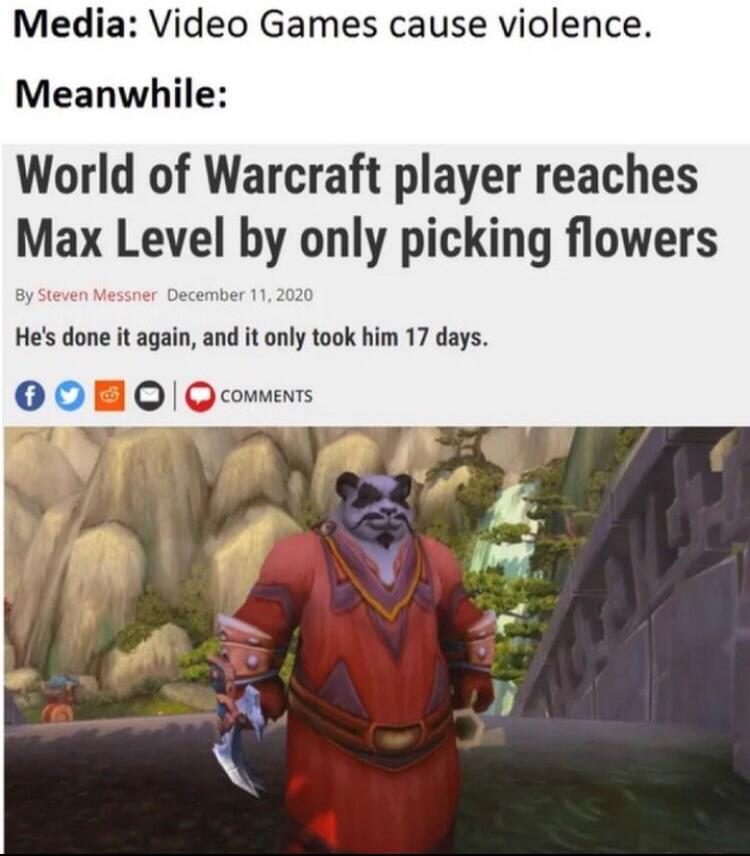 Media Video Games cause violence Meanwhile World of Warcraft player reaches Max Level by only picking flowers Hes done it again and it only took him 17 days 0O OB OQcomnns