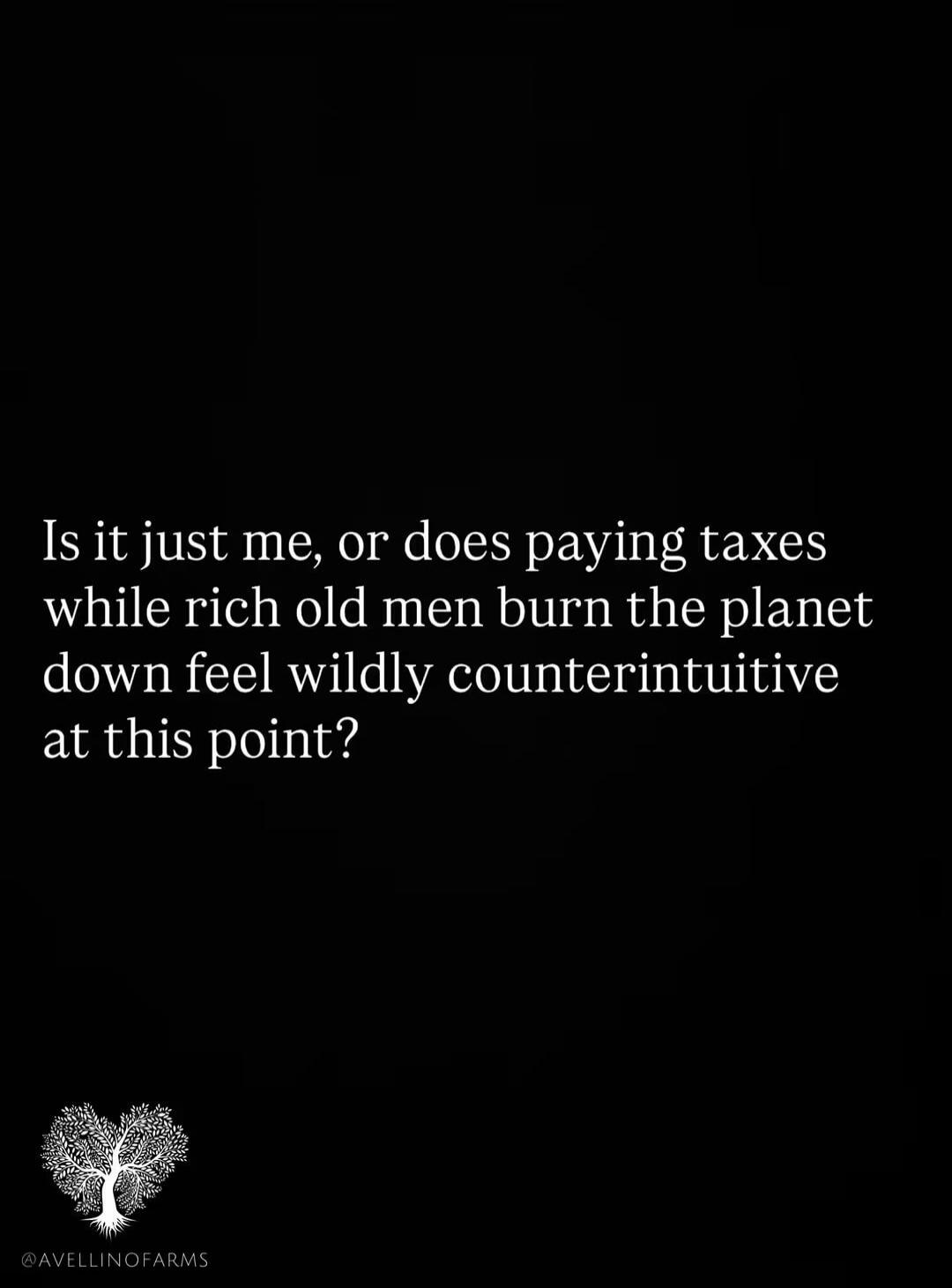 Is it just me, or does paying taxes while rich old men burn the planet down feel wildly counterintuitive at this point?