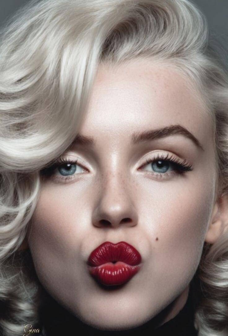 A close-up portrait of a woman with platinum blonde hair, blue eyes, and bold red lipstick, puckering her lips as if blowing a kiss.