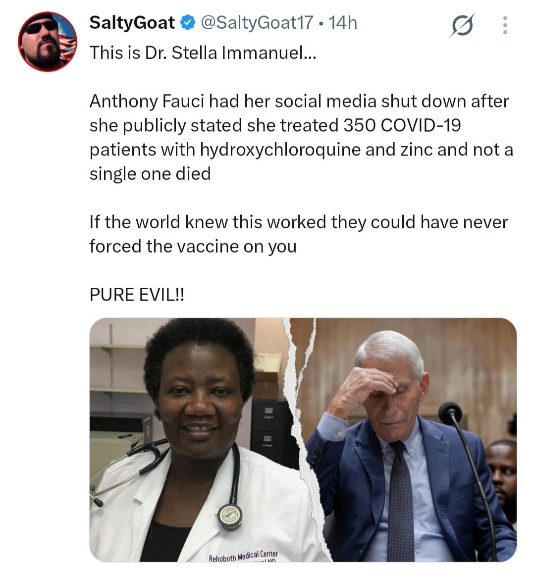 This is Dr. Stella Immanuel. Anthony Fauci had her social media shut down after she publicly stated she treated 350 COVID-19 patients with hydroxychloroquine and zinc and not a single one died. If the world knew this worked they could have never forced the vaccine on you. PURE EVIL!! Rehoboth Medical Center.