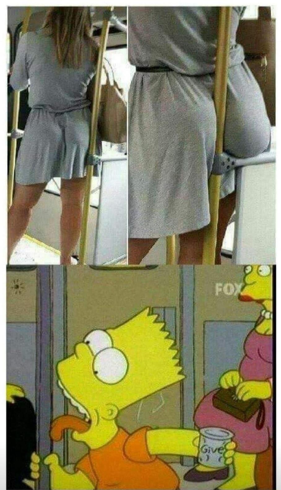 Images of a person on a bus wearing a gray dress, including close-up shots, followed by a Simpsons scene with Bart holding a cup.