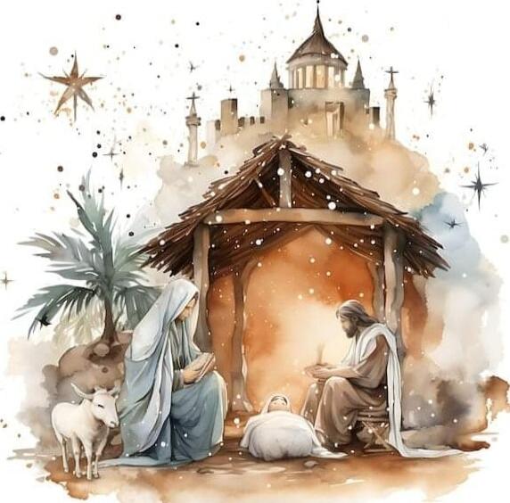 Nativity scene illustration of Mary, Joseph, baby Jesus in a manger with animals nearby, in a warm, watercolor style with a distant city silhouette.