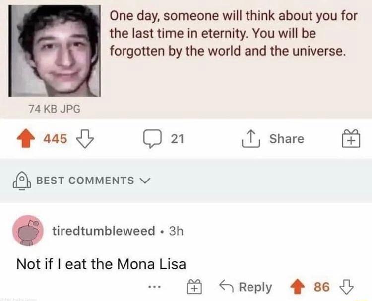 One day someone will think about you for the last time in eternity You will be forgotten by the world and the universe 74K8 JPG 4 ass I mE 1 share 5 BEST COMMENTS v tiredtumbleweed 3h Not if eat the Mona Lisa Reply 4 86