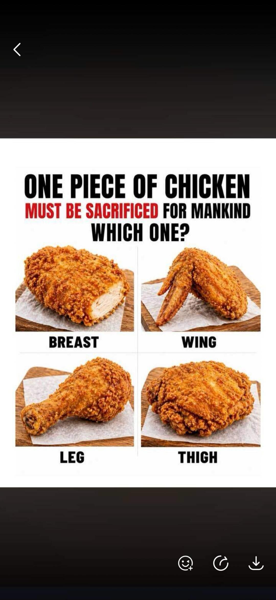 ONE PIECE OF CHICKEN MUST BE SACRIFICED FOR MANKIND WHICH ONE? BREAST WING LEG THIGH
