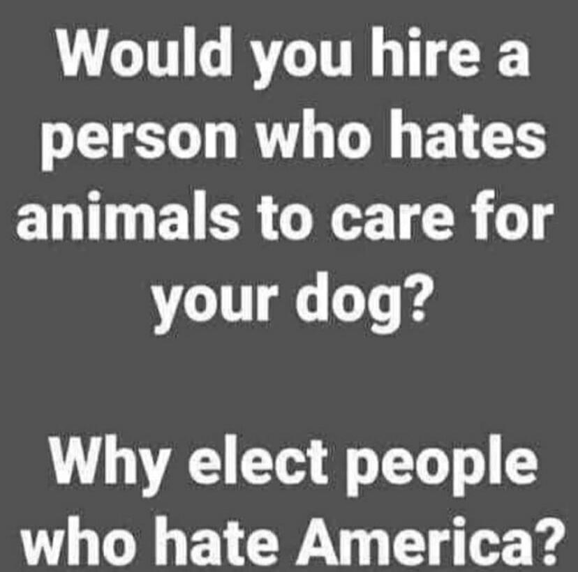 Would you hire a person who hates animals to care for your dog? Why elect people who hate America?