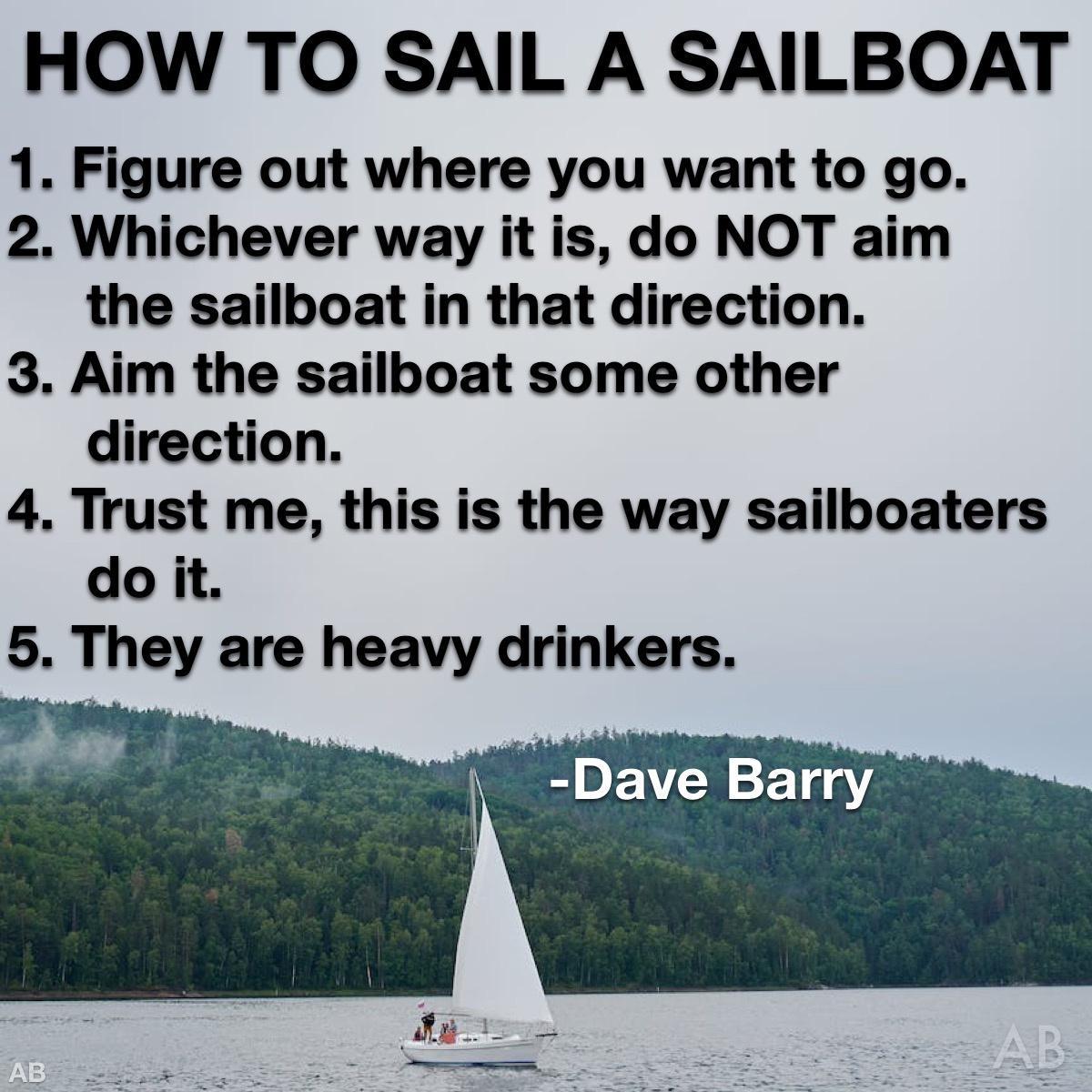 HOW TO SAIL A SAILBOAT 1 Figure out where you want to go 2 Whichever way it is do NOT aim the sailboat in that direction 3 Aim the sailboat some other direction 4 Trust me this is the way sailboaters doit 5 They are heavy drinkers Dave Barry