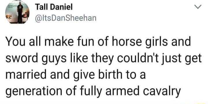 Tall Daniel v tsDanSheehan You all make fun of horse girls and sword guys like they couldnt just get married and give birth to a generation of fully armed cavalry